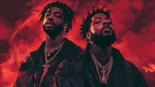 Dual rap portrait in high-saturation red digital rendering.