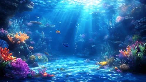 Colorful coral reef and tropical fish in bright blue water.