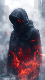 Hooded urban wraith engulfed in volcanic plasma firestorm