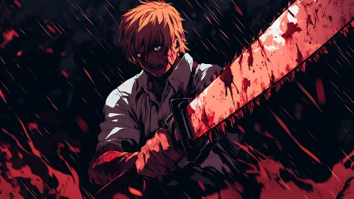 Bloody anime swordsman drives chainsaw through chaos.