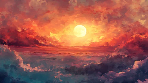 Vivid sun over clouds in a fiery red and blue sky.