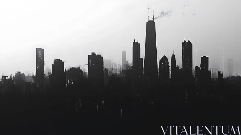 Monochrome skyline dissolving into mist and digital static.
