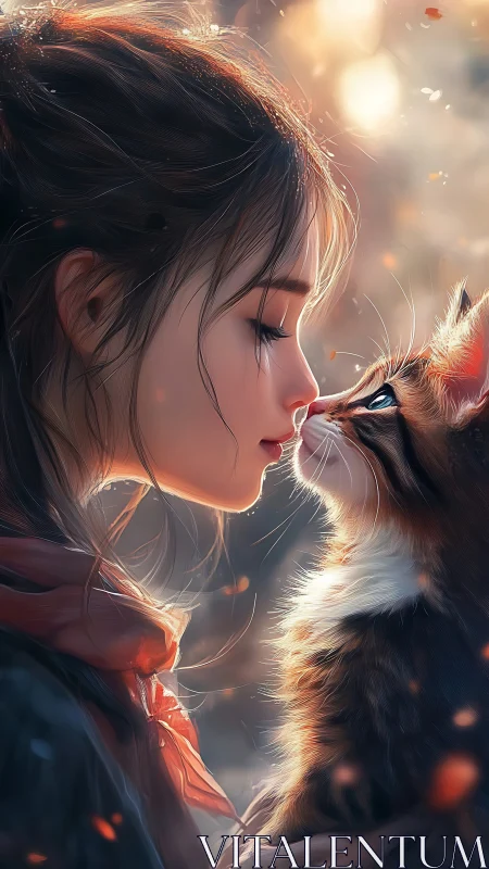 Girl and tabby cat in soft backlit autumn embrace.
