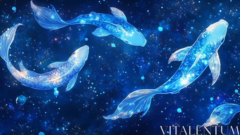 Glowing blue koi fish swim across deep starry space