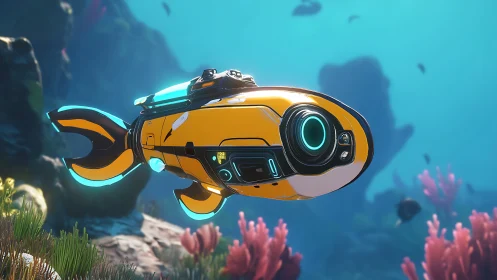 Futuristic yellow mini submersible cruising over coral reef.