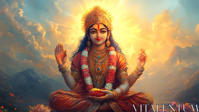 Hindu goddess sits radiant amid golden mountain sunrise.