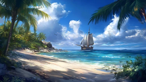 Tropical Beach Scene with Sailing Vessel.