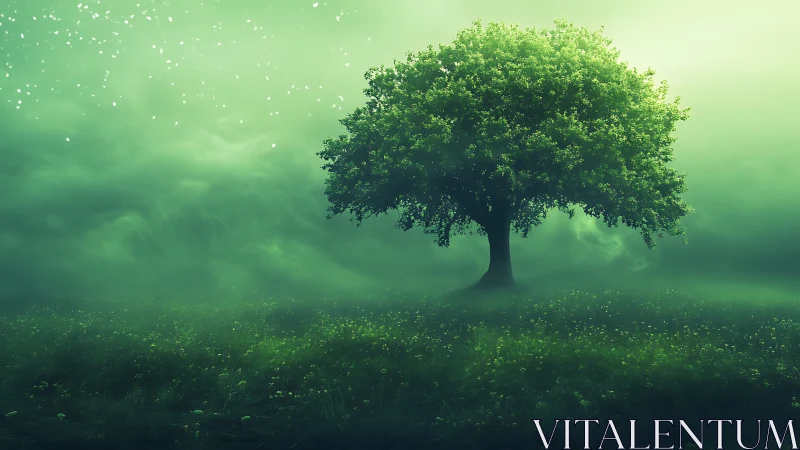 Solitary arboreal structure in luminescent atmospheric field.