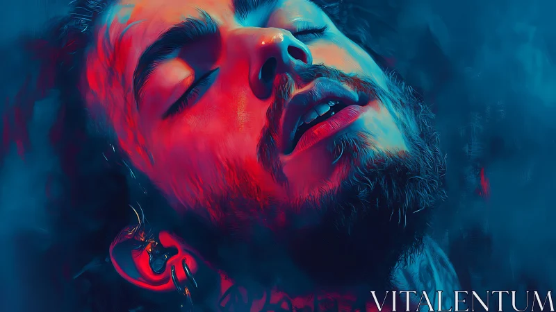 Neon-swept reverie tilts a bearded face into electric hush