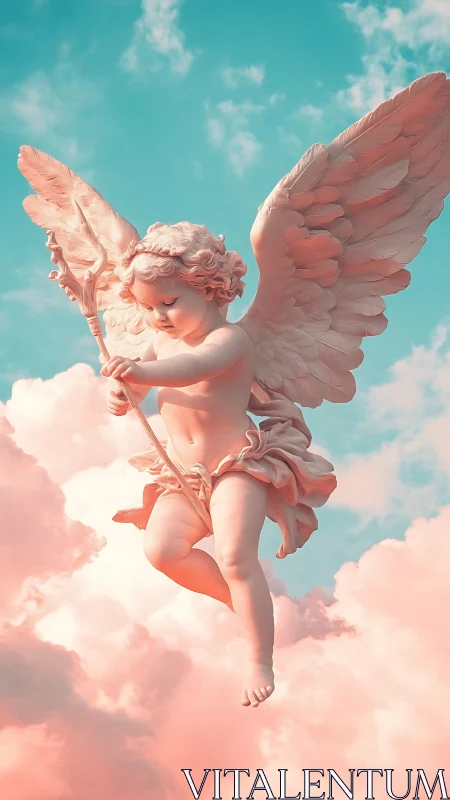 Baroque-style cherub statue floats against pastel cumulus sky