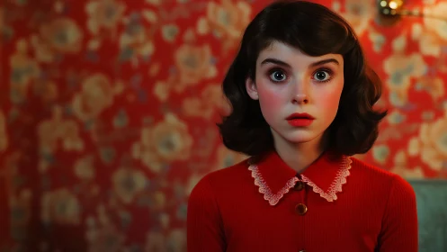 Stylized girl with wide eyes against defocused red floral wallpaper