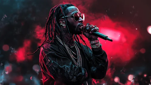 Electric stage moment with a confident hip hop performer.