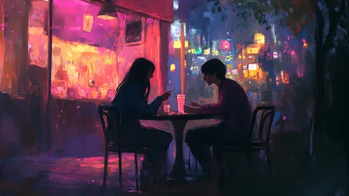 Silhouetted couple sits at café table under neon city glow