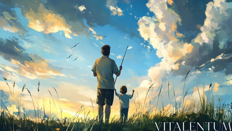 Sunset sky stroll with father, child, and quiet daydreams.