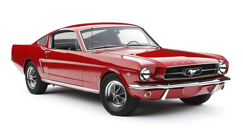 Cherry-red Mustang fastback lounges like a chrome-clad icon