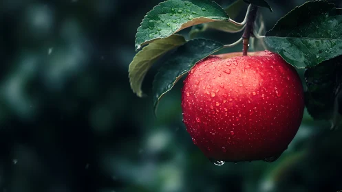 Red apple with water droplets hangs from branch in focus