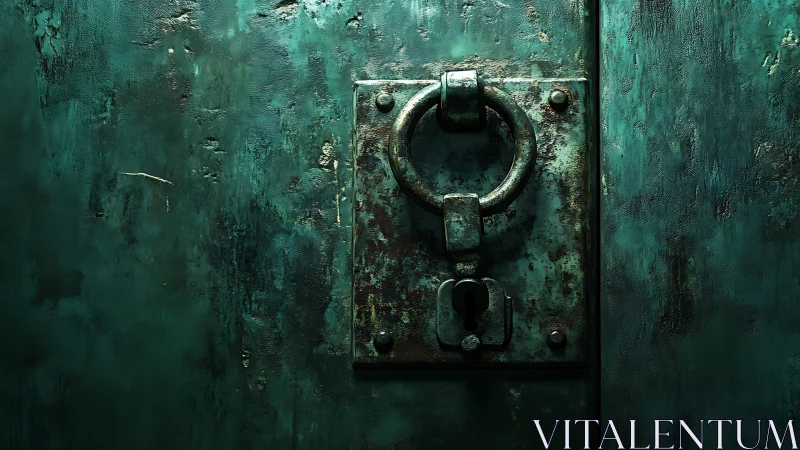 Ancient teal door knocker guards a rust-bitten keyhole.