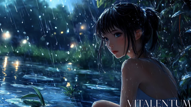 Girl sitting by reflective pond in heavy night rain.