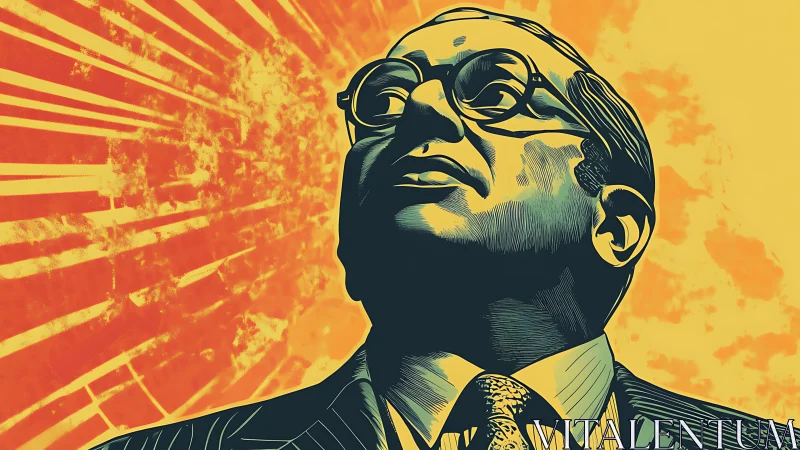 Bold visionary portrait framed by radiant sunburst lines.