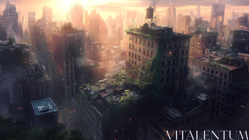 Sunlit post-apocalyptic skyline with overgrown rooftop ecosystems and haze