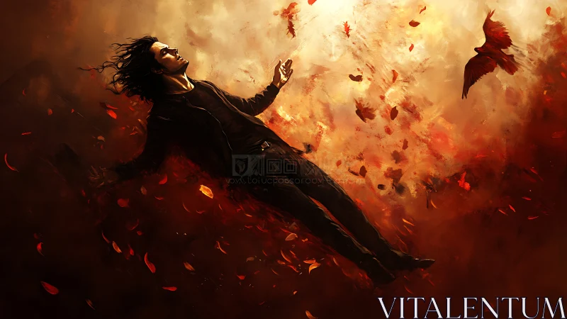Man falling through fiery sky with red leaves and bird.