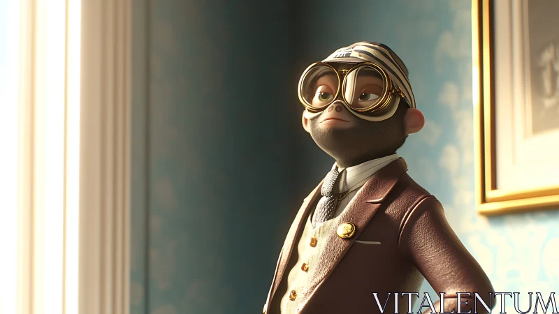 Stylized 3D chimpanzee aviator in vintage tailored suit.