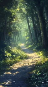 Forest Path with Canopy Lighting and Understory Vegetation