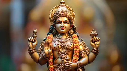 Radiant four-armed deity glows in garlanded golden stillness