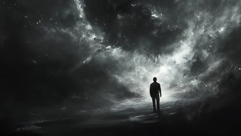 Solitary figure beneath swirling monochrome cosmic storm.