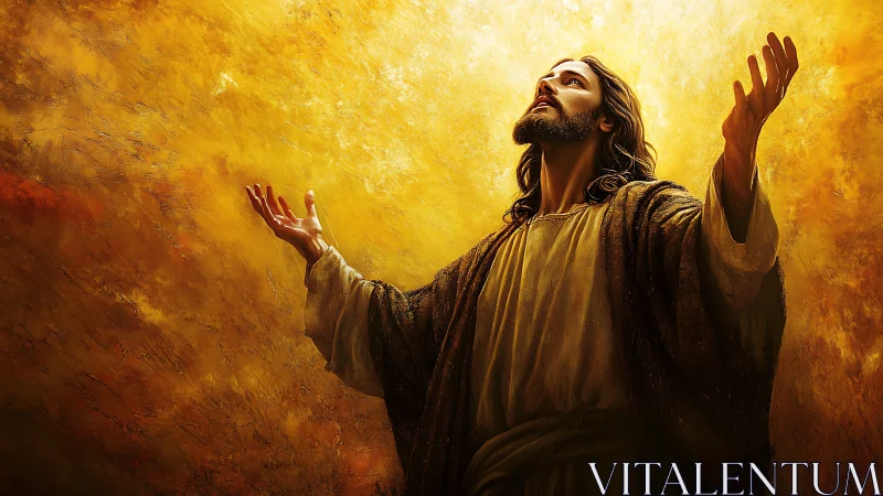 Radiant robed figure reaching toward a glowing golden sky.