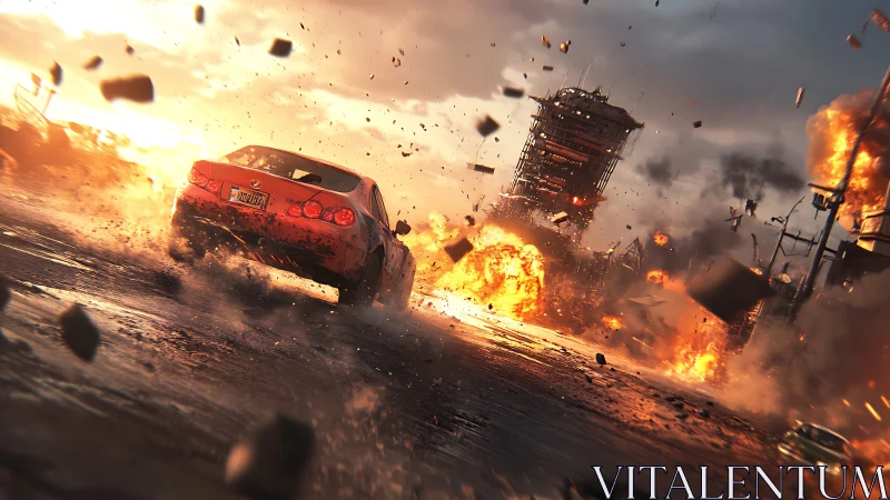 Red sports car on wet road near large urban explosion scene.