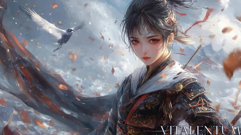 Stormlit warrior maiden and skyborne bird in swirling leaves.