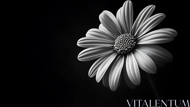 Monochrome daisy under directional side lighting on black field.