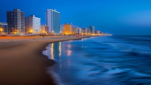 Coastal skyline glows above blurred surf at deep blue dusk.