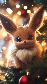 Furry foxlike creature sits among glowing Christmas lights