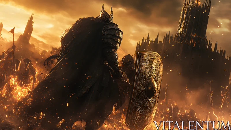 Armored warrior advances through burning siege landscape