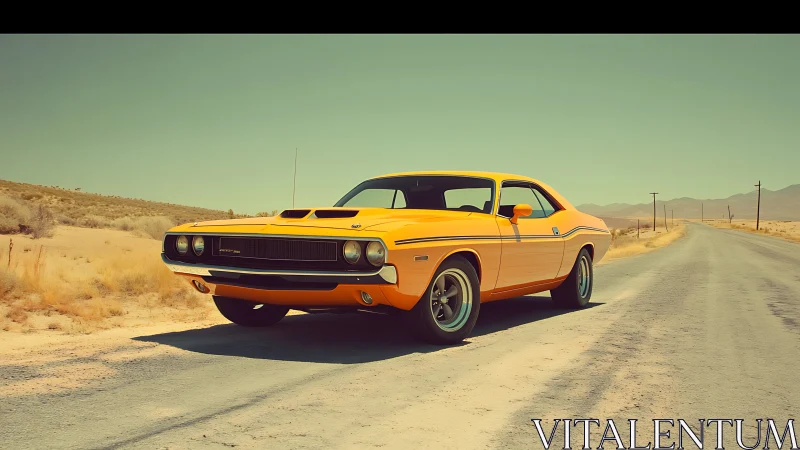 Yellow vintage muscle car on empty desert roadside under sun.