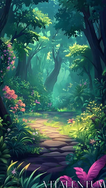 Enchanted Forest Path with Luminous Canopy.