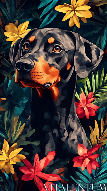 Doberman portrait in chromatic tropical foliage rendering.
