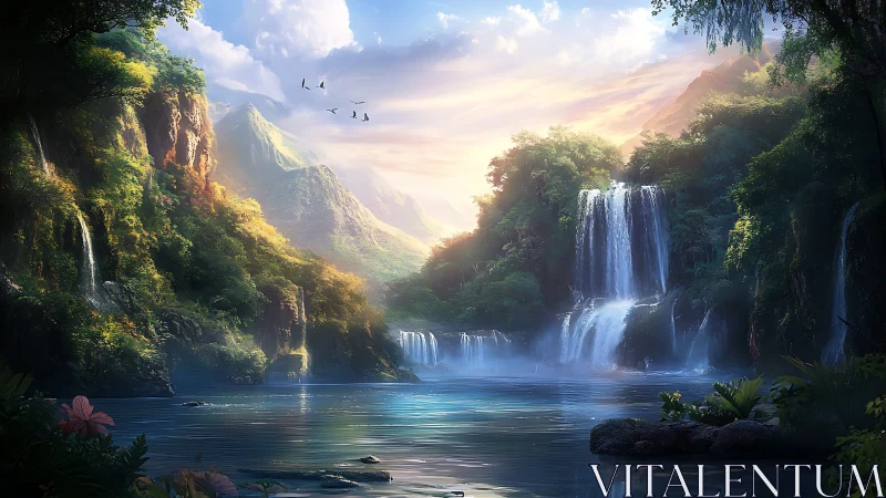 Sunlit waterfalls pour gently into a tranquil hidden lagoon