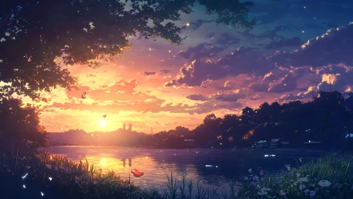 Sunset-lit river landscape with high-saturation anime lighting gradients