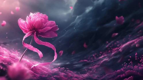 Crimson Peony Blooming Against Tempestuous Sky.