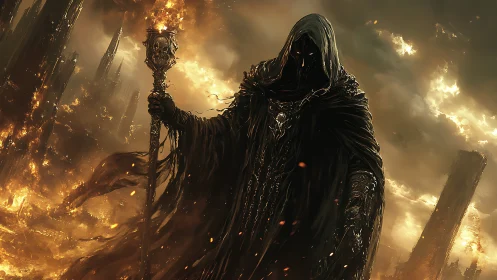 Dark robed guardian walking through a storm of golden fire.
