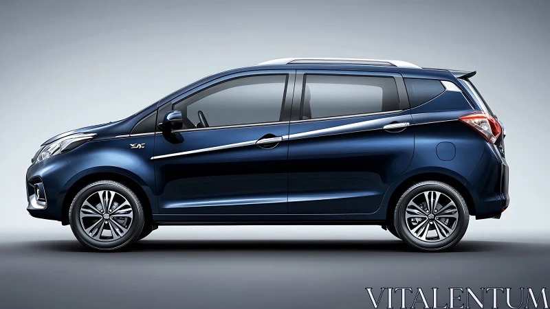 Side-profile render of metallic blue compact MPV in studio lighting