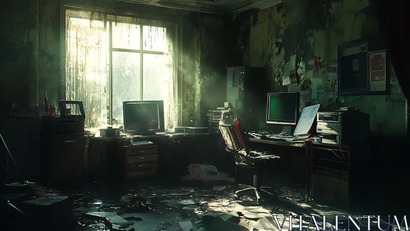 Sunlit ruin reveals an abandoned office frozen in time