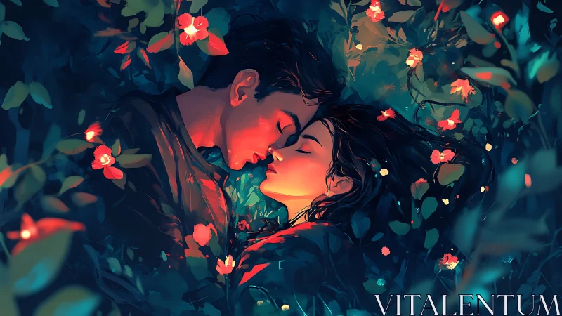 Lovers Embracing in Glowing Flower Garden.