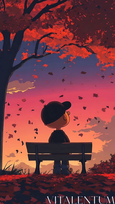Solitary child studies autumn foliage under saturated sunset