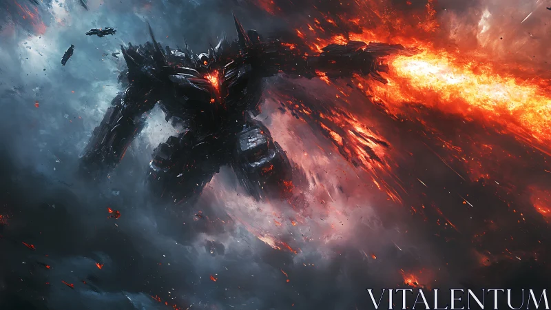 Colossal mecha barrage in incendiary nebula battlefield design.