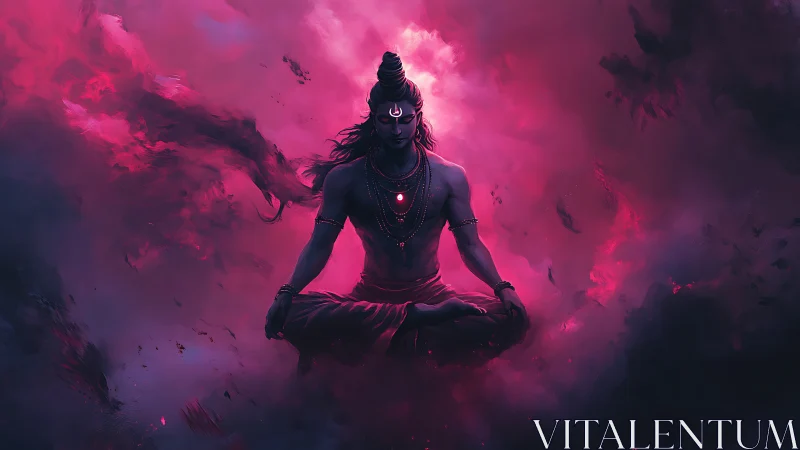 Serene cosmic yogi resting in glowing pink celestial clouds.