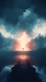 Backlit cross emerges through volumetric fog over tranquil lake